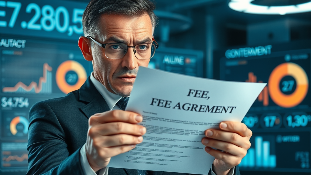 business broker fee red flag - suspicious contract scene, business owner scrutinizing a broker fee agreement, digital projections in futuristic setting
