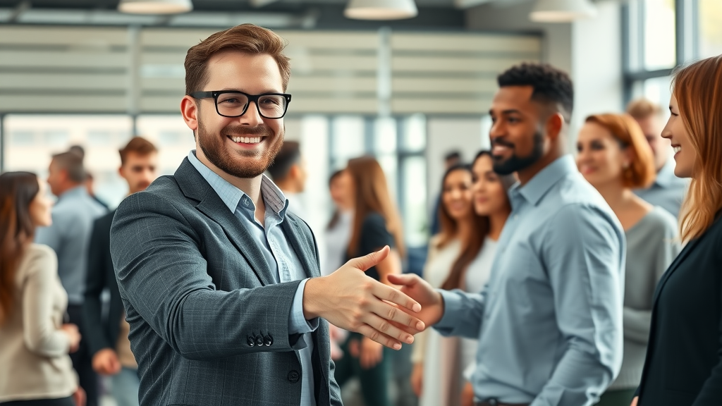 new business owner shaking hands with staff after buying existing business