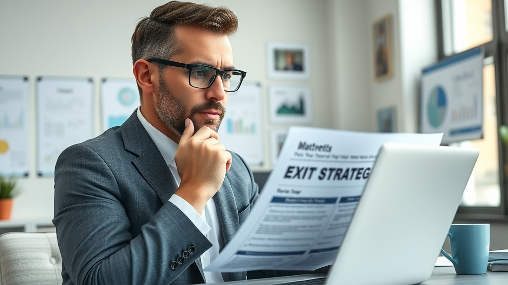Professional small business owner reviewing exit strategy plan for selling a business.