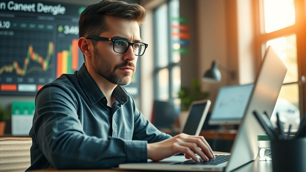 Entrepreneur analyzing digital business for sale data, reviewing online business cash flow charts, modern marketplace scene