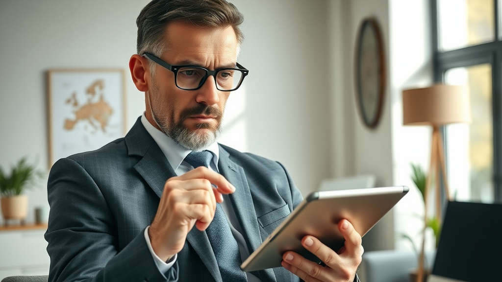 serious financial advisor checking business valuation checklist on tablet, business valuation service