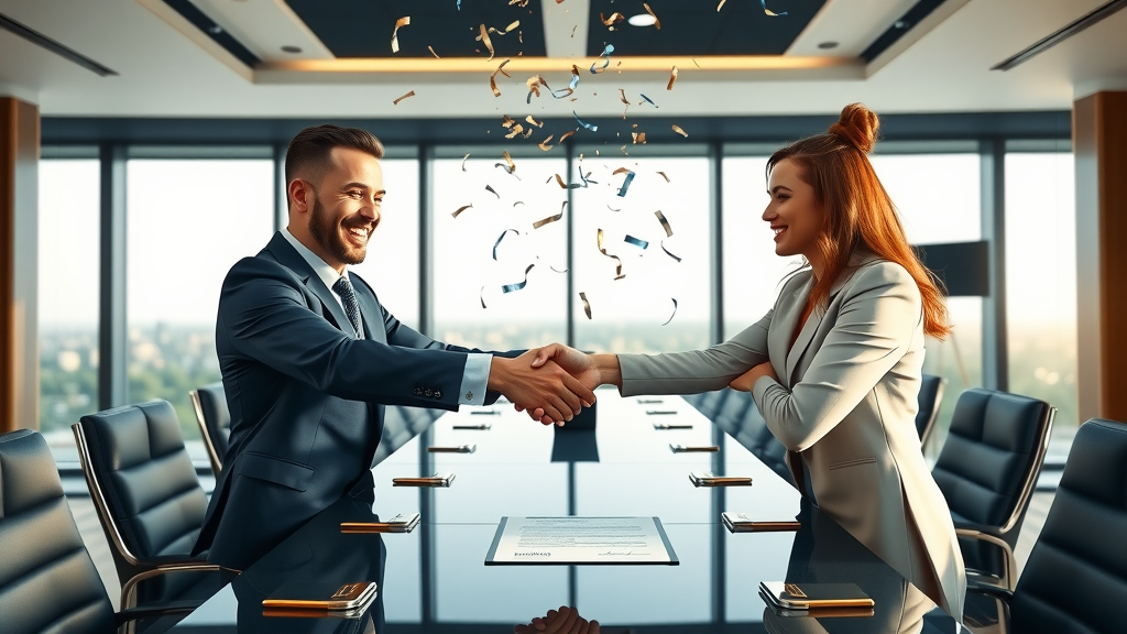 Celebratory handshake after closing the deal on buying a business
