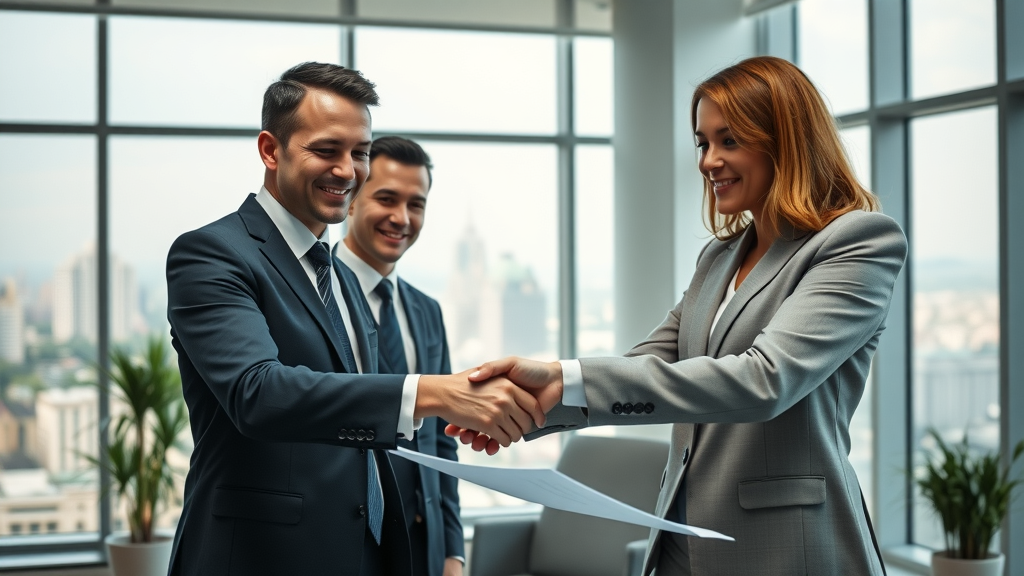 Real estate agents in suits shaking hands with clients, finalizing broker commission payment