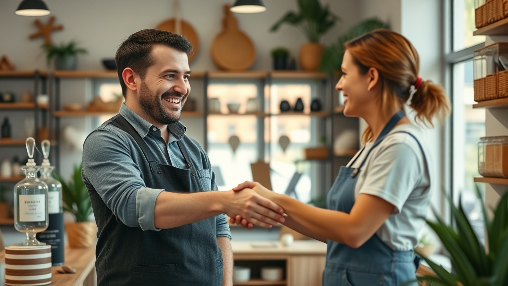 Friendly small business staff warmly greeting return customers in a well-decorated, sunlit shop