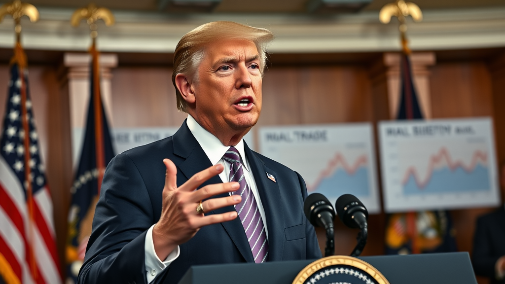 trade war 2025 President Trump official press conference on trade policy, American flags and data charts