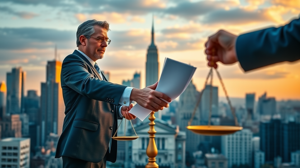 NYC real estate skyline, government buildings, legal handshake between brokers and lawmakers, broker fees responsibility, FARE Act symbols