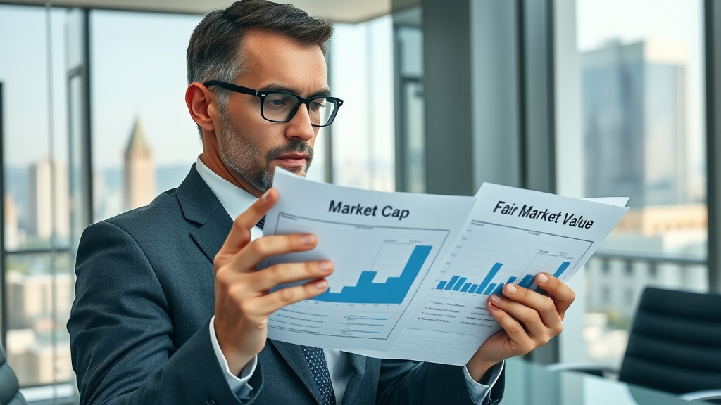 business owner reviewing business valuation charts, market capitalization vs. fair market value, thoughtful analysis