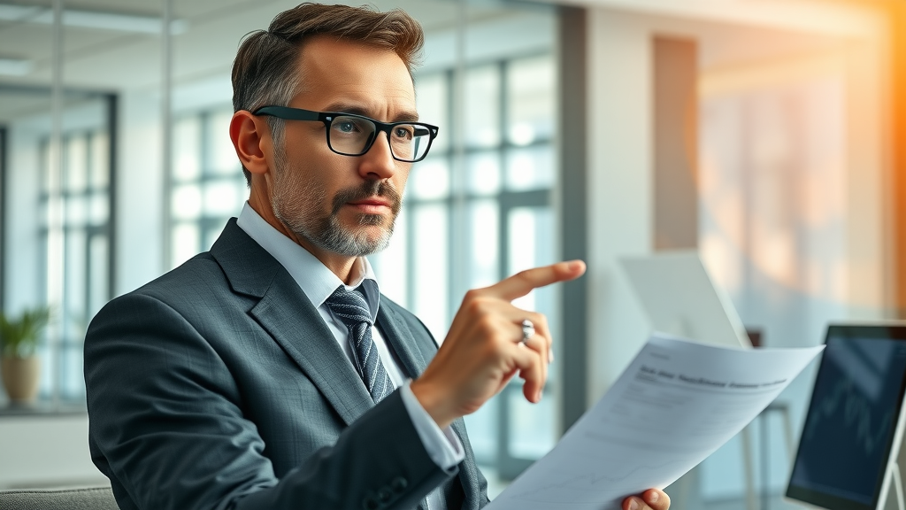 Experienced business broker analyzing financial data and upward business sales trends in glass office