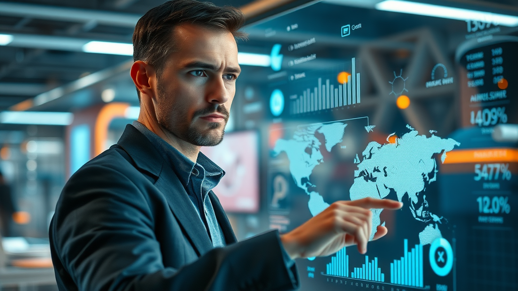 Analytical marketer analyzing digital audience data for defining target market in business sale marketing strategies
