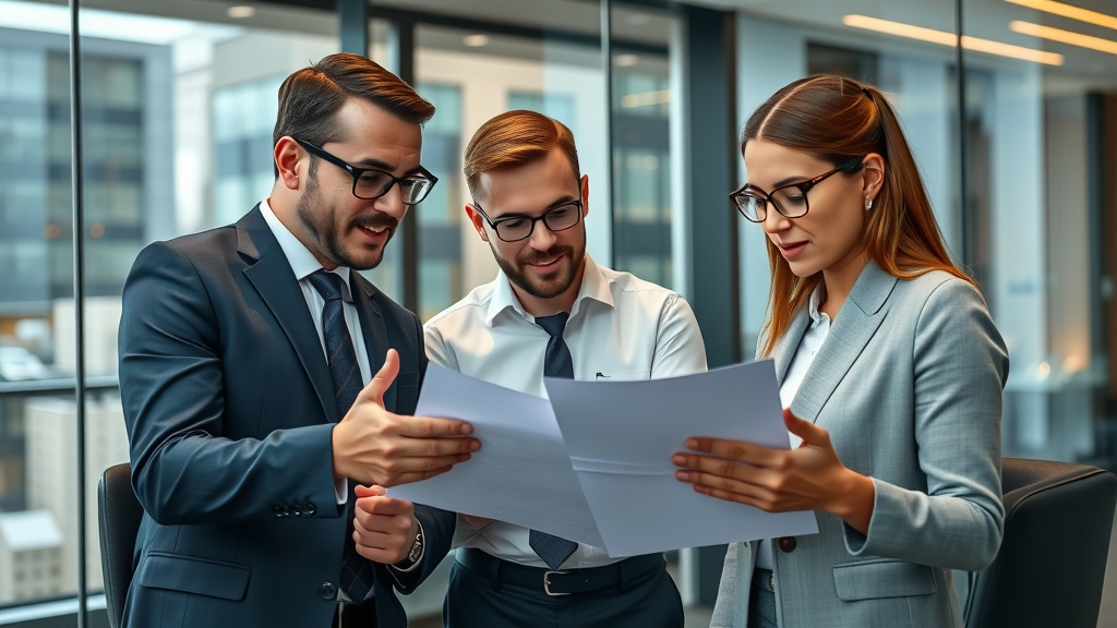 Business deal team including broker, accountant, and lawyer reviewing business sale documents