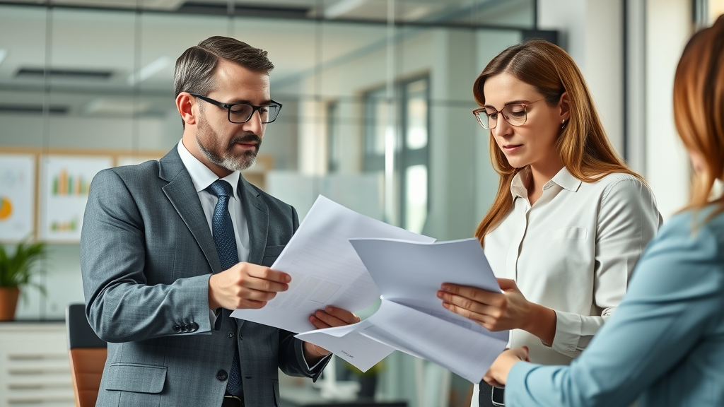 Professional business transfer agents consulting with clients during a business sale, review documents in a modern office, business transfer agents ensuring smooth business transfer process