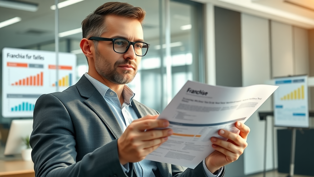 motivated entrepreneur reviewing franchise documents in modern office, franchise for sale, digital screens, glass workspace, sunlight