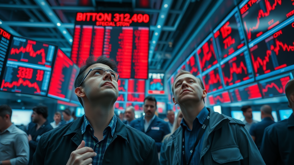 trade war 2025 global stock market floor, anxious traders monitoring falling stock prices, digital screens with red graphs, US and global economic crisis