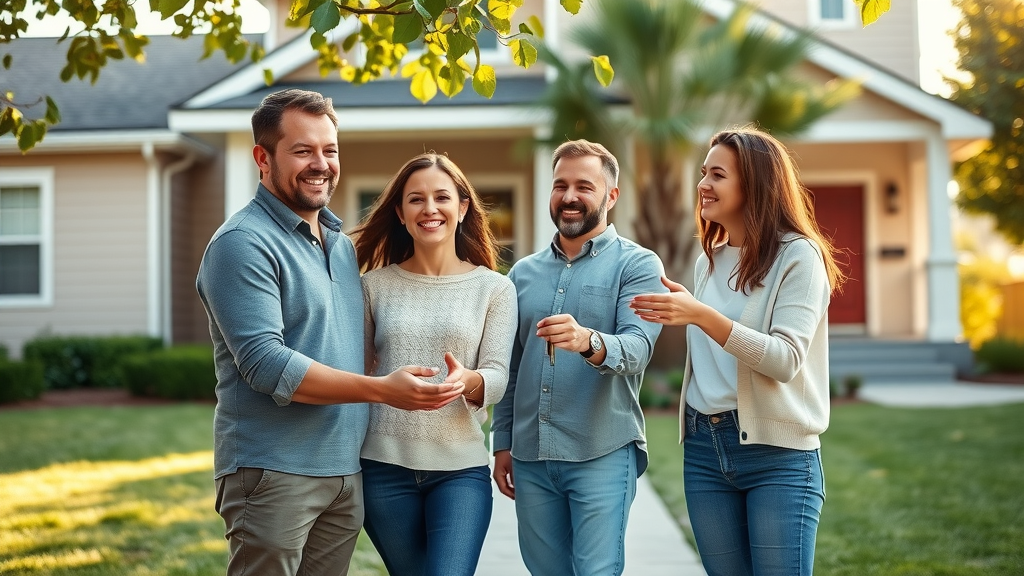 Modern American family smiling in front of sold home, celebrating real estate agent commission payment