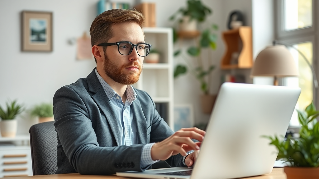 selling a business optimistic small business seller researching how to sell a business online in a home office