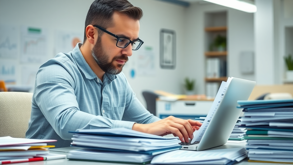 Financial expert organizing financial records and performing due diligence for business sale