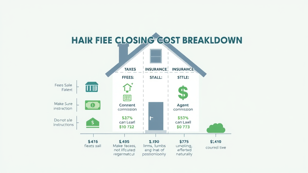 2D cartoon diagram showing line-item examples of home sale closing costs including agent commission, taxes, insurance, and title fees