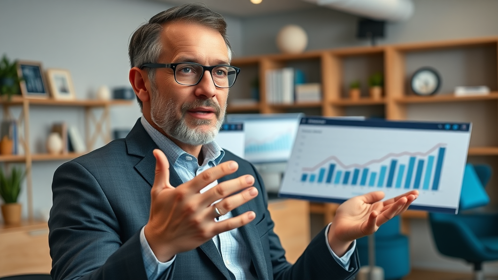 Experienced real estate expert giving interview, gesturing towards real estate analytics. Main Keyword: real estate agent fees, agent commission. Modern studio.