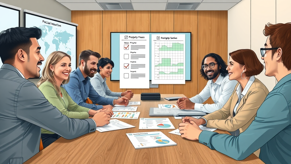 motivated business team strategizing with checklist and property maps for commercial real estate