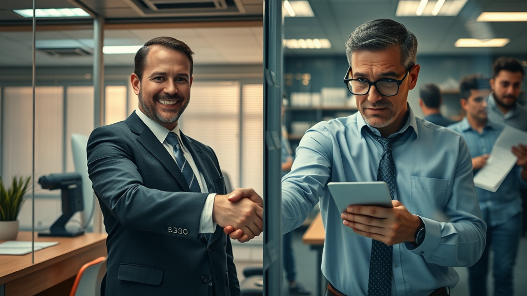 Confidential business sale contrasted scenes success handshake failure distress confidentiality breach divided office