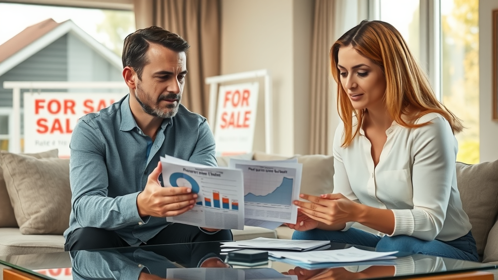 real estate agent and homebuyers discussing percentage rates and broker fees, For Sale sign, residential setting