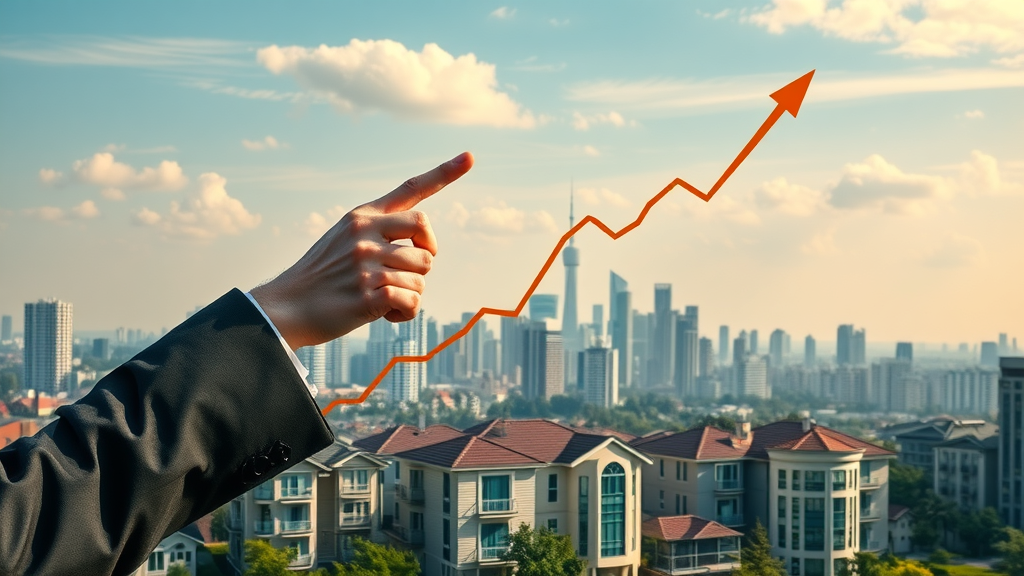 Agent pointing at real estate market graphs and luxury homes, showing broker commission growth