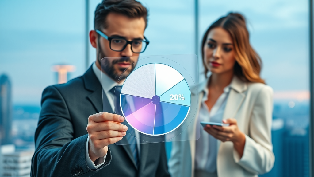 Realtor holding a pie chart with real estate commission percentage, futuristic office skyline background