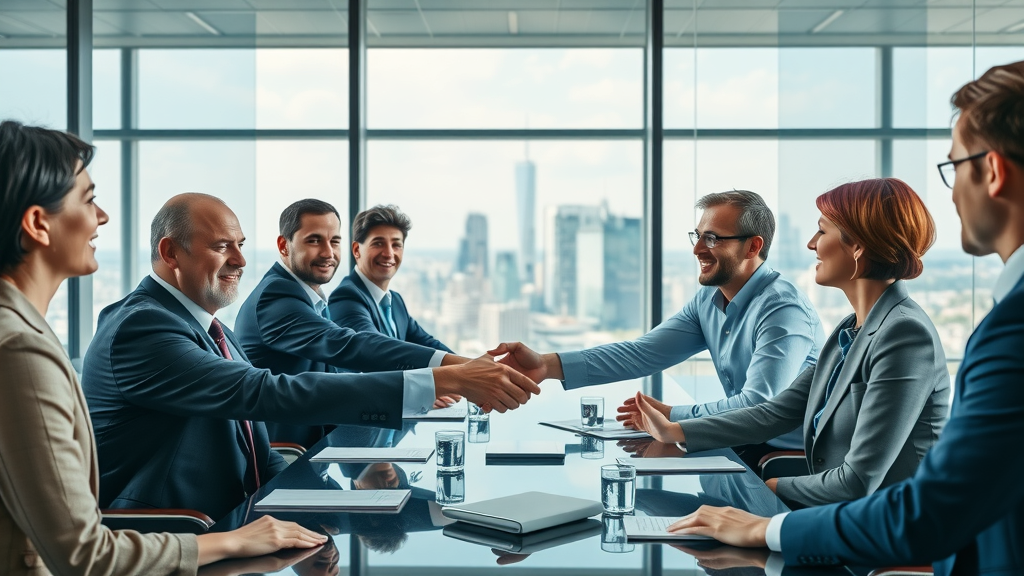 mergers and acquisitions corporate boardroom confident executives presenting merger strategies