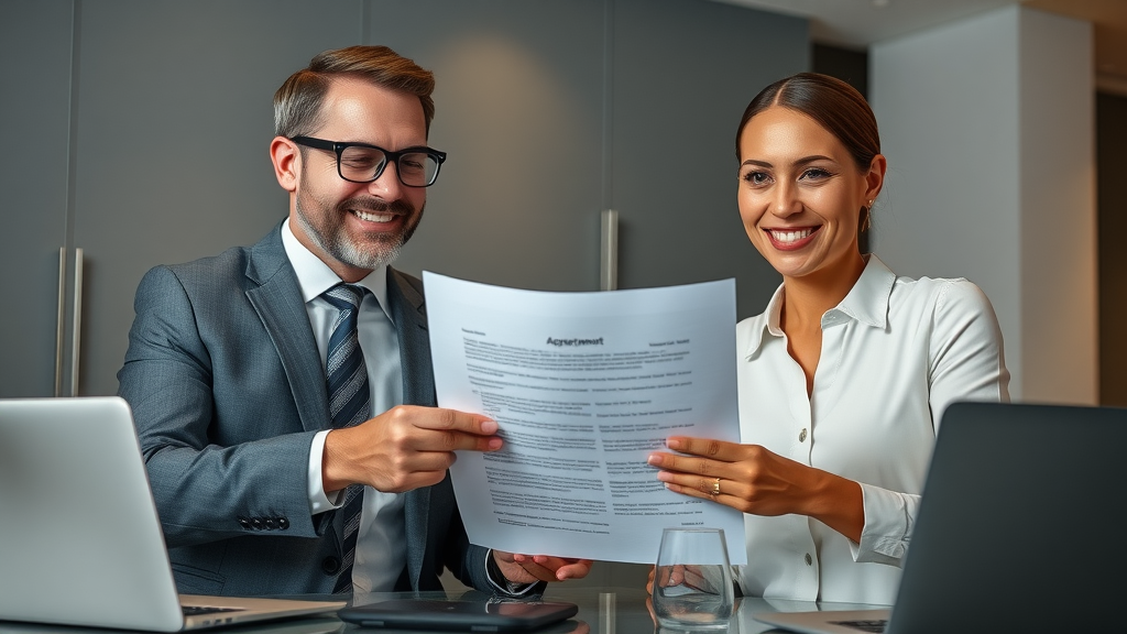 experienced business broker and satisfied business owner review successful sale agreement