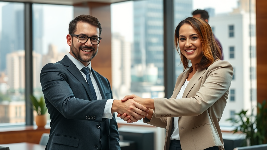 confident real estate agents handshake modern office commission