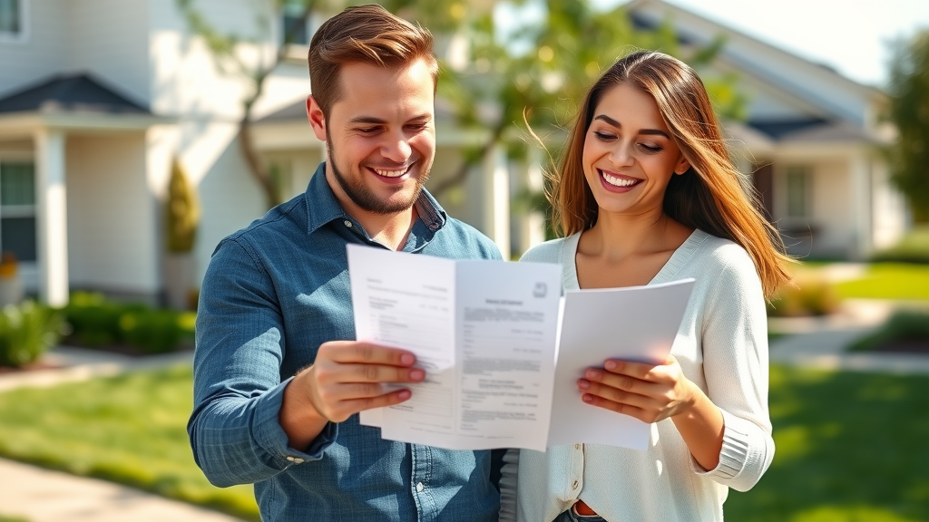 confident couple new home paperwork reviewing real estate transaction costs