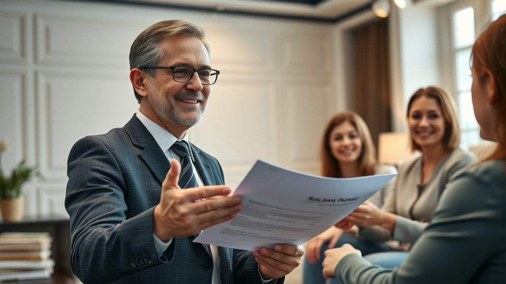experienced real estate advisor providing expert broker fees responsibility advice to clients, reviewing documents with family, office setting
