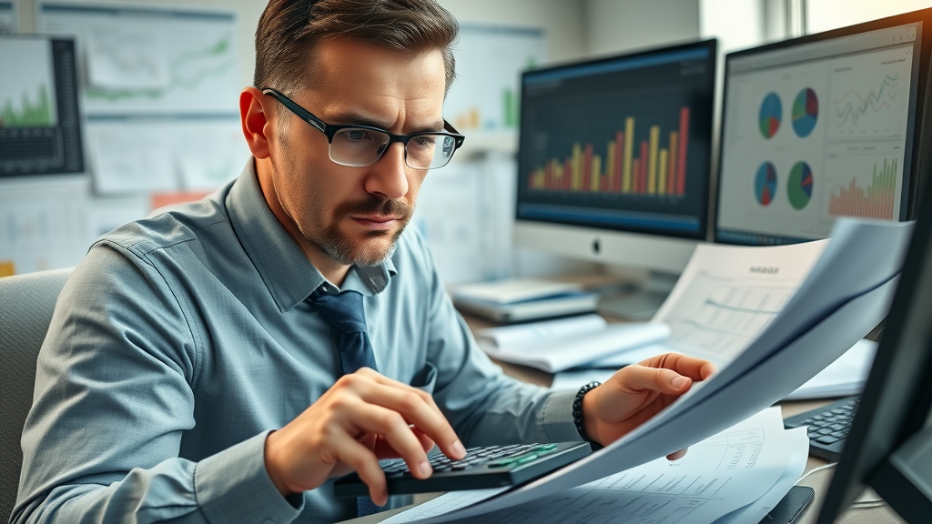 accountant analyzing cash flow and financial documents for buying a business