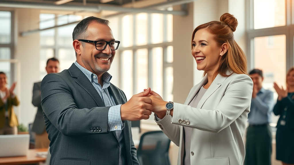 business sale process happy seller new owner exchanging keys handover business office