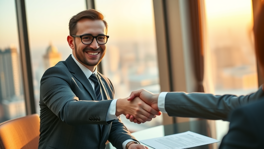 Business broker shaking hands after closing selling a business deal