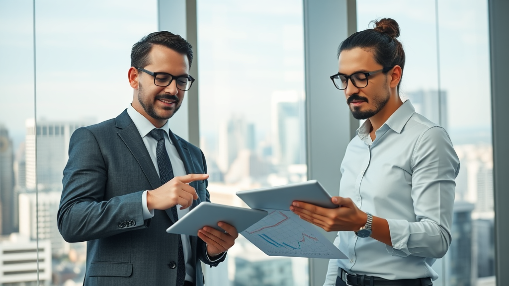 dynamic business brokers in a modern office discussing strategy with graphs and digital tablets, business brokerage services