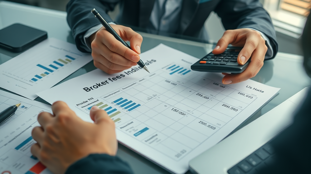 detailed spreadsheet with broker fee breakdown, person analyzing costs with calculator, broker fees responsibility concept