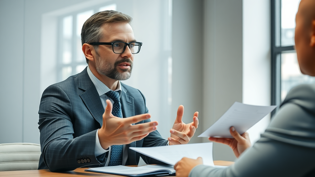business broker at work explaining business broker fees to a business owner in modern office