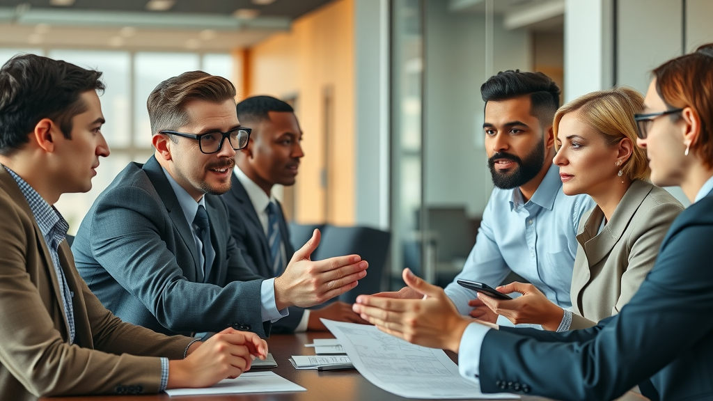 business negotiation team discussing broker fees in a modern meeting room