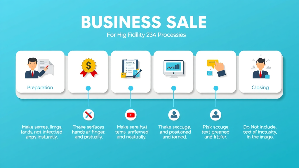 Visual infographic of business sale process steps from preparation to closing; icons and arrows showing sequence.