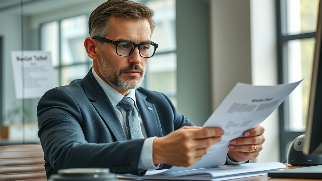 business transfer agent reviewing legal documents at desk in modern office, focused on transfer process, business sale background