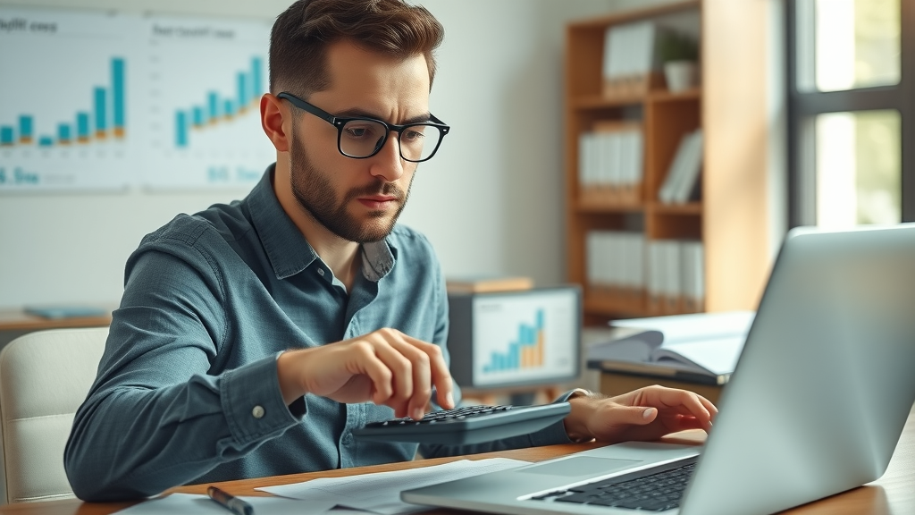 business owner calculating value, using laptop and calculator at modern desk with charts and books