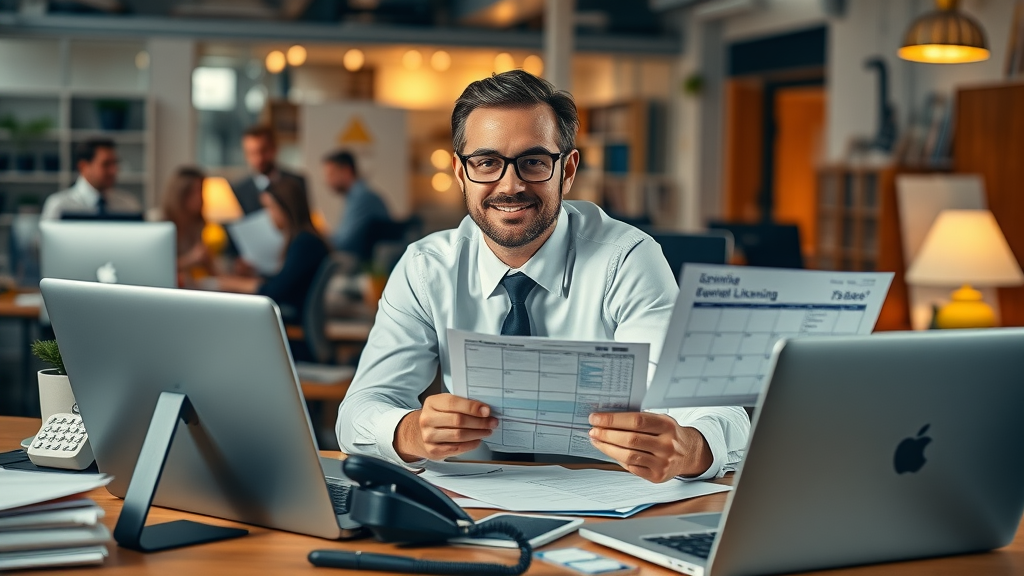 Busy real estate agent surrounded by desk of paperwork, marketing flyers, and bills showing agent