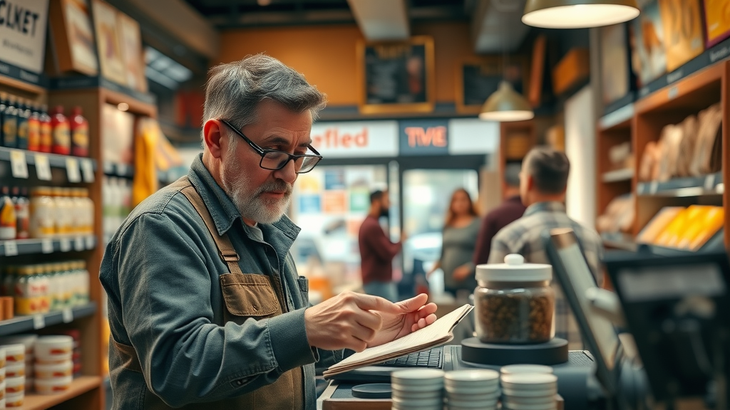 trade war 2025 small business owner worried about rising import costs, consumer goods shop with pricing signs