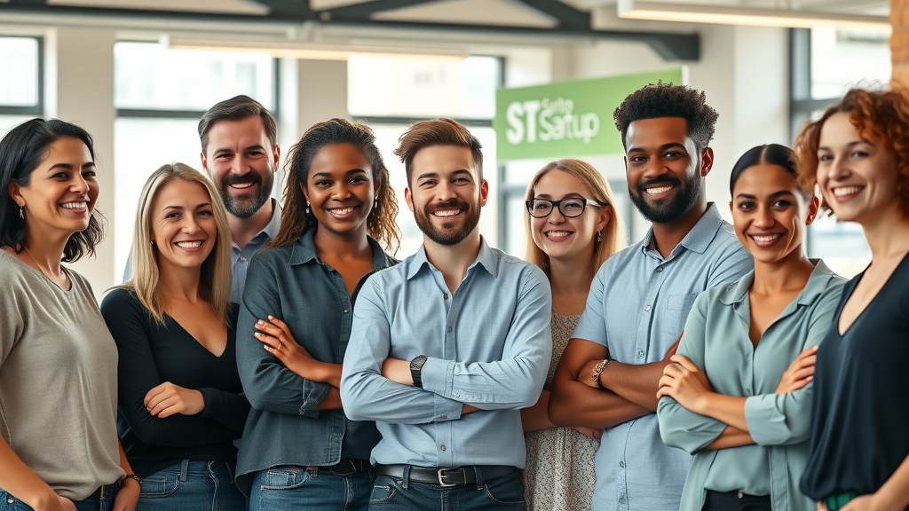 Diverse group of confident small business owners in a modern coworking space, embodying small business opportunities