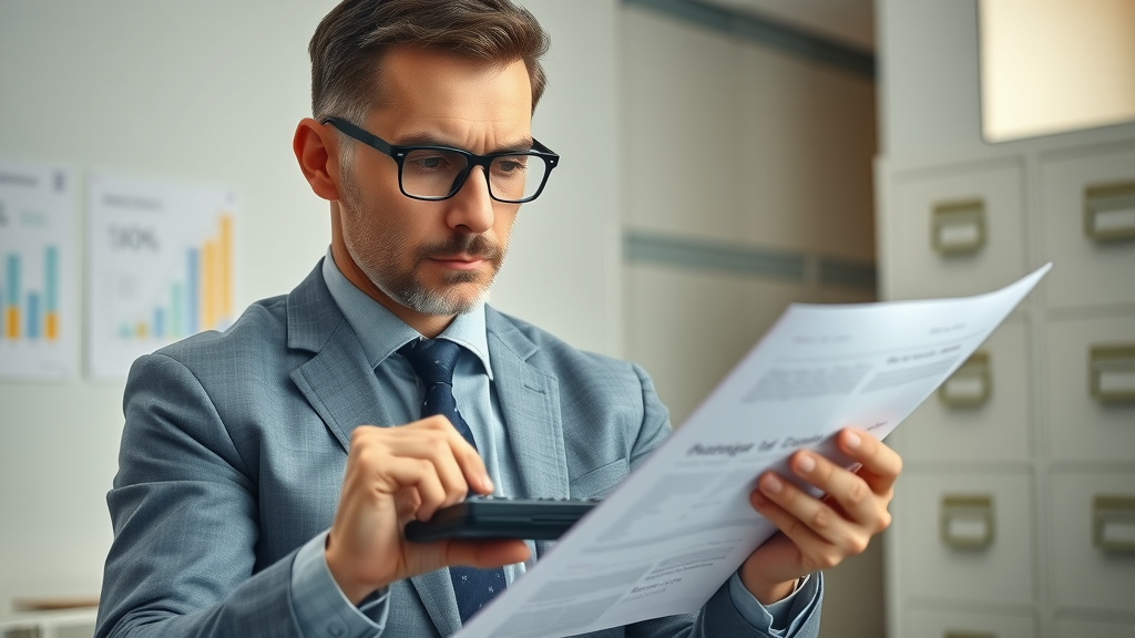 concerned accountant examining financial statements, discounted cash flow calculation, business valuation