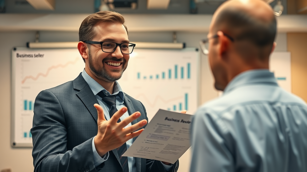 Business broker explaining business broker fee structure to business seller in an open workspace with financial graphs on a whiteboard