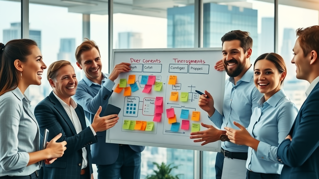 Business team improving operations before selling a business, using a digital whiteboard.