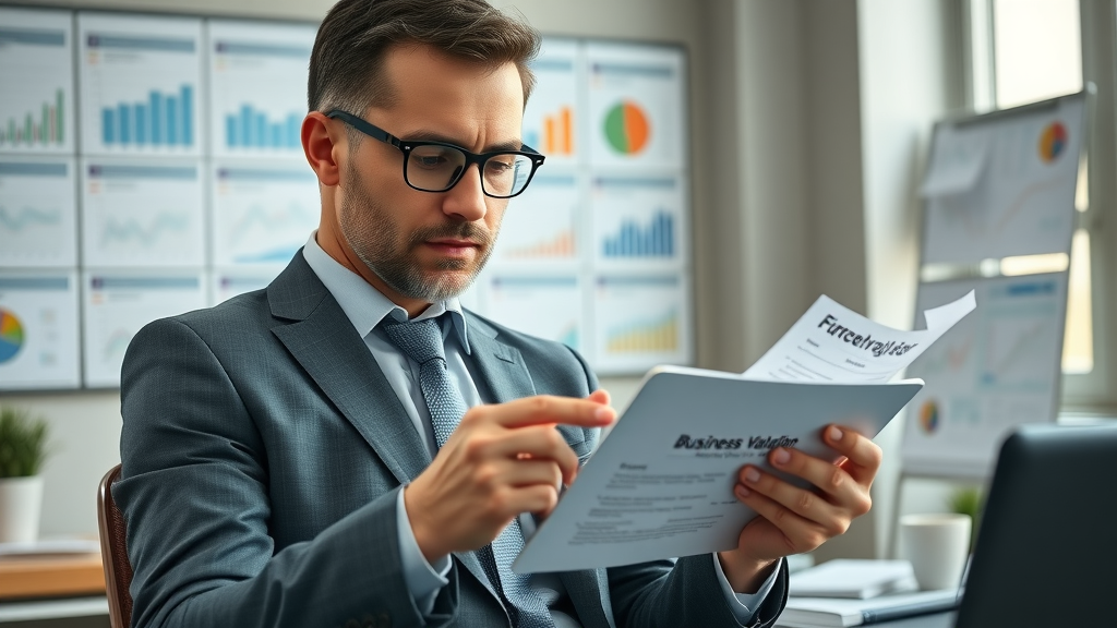 Organized financial advisor reviewing business valuation reports for selling a business in a professional office filled with financial documents.