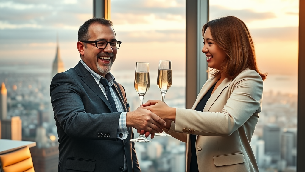 Business owner and broker celebrating over a signed contract after a successful sale - selling your business
